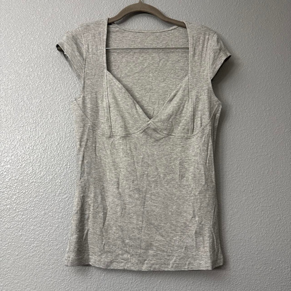 Women's Grey V-Neck Blousey Cap Sleeve Summer Top